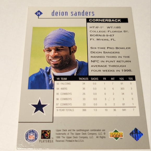 DEION SANDERS 1998 UPPER DECK BLACK DIAMOND # 24 Penny Sleeve - Picture 3 of 4